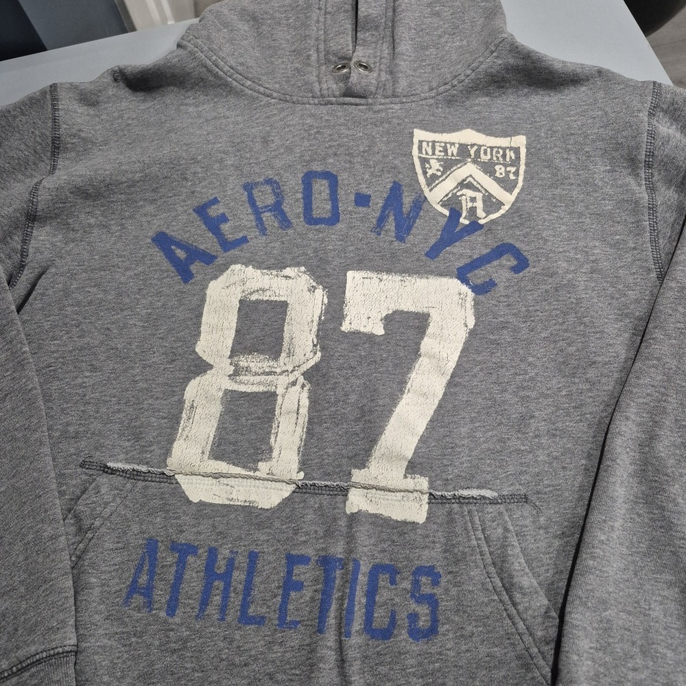 Y2K Aeropostale Hoodie Mens Large Gray Distressed Sweatshirt Vintage Distressed